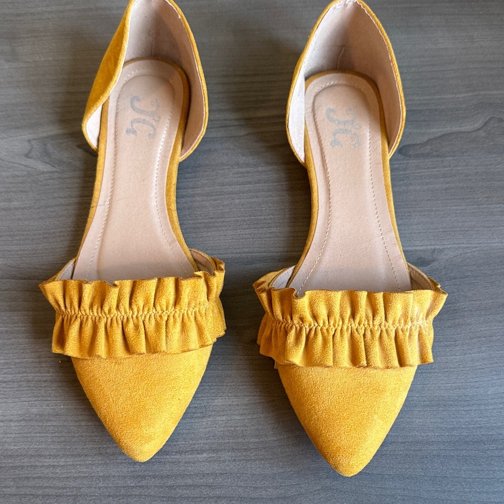 Journee Collection Mustard Suede Ruffled Flats